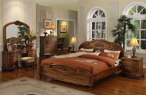 Lujosa cama king size de teca tallada a mano de estilo romántico con juego de tablero de teca con tallado de rosas para dormitorio - Product Image 2