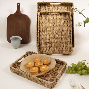 Jacinthe d'eau rectangulaire écologique Plateau de service fait à la main Plateau de rangement pour la cuisine Panier de fruits Plateau de service en jonc de mer du désert - Product Image 1