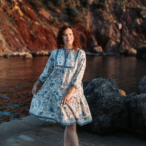 Lolanthe <b>Bohemian</b> <b>Dress</b> Hand Printed Cotton Casual Occasional Pure Cotton Floral White Blue Summer Handcrafted Ethical Fashion - Product Image 1