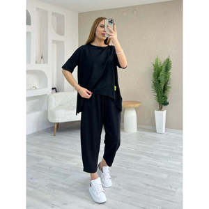 Conjunto de Dos Piezas para Mujer, Blusa de Manga Corta con Cuello Redondo de Viscosa de Dos Hilos y Pantalones, 34663 - Negro - Product Image 3