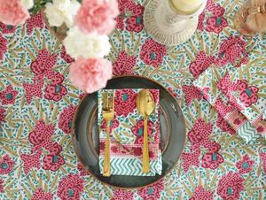 Handmade Indian Luxury High-quality Block Printed Cotton Tablecloth Set Pink Green Floral Square <b>Table</b> <b>Cover</b> Matching Napkins - Product Image 2