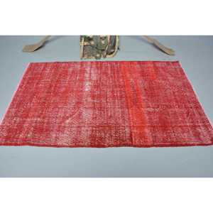Turkish Area Rug 4x6.4 ft, <b>Red</b> Floral Vintage <b>Wool</b> Rug - Product Image 3