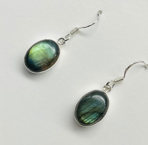 Tiny Boho Style Bezel Dangle <b>Earrings</b> Oval Labradorite <b>Drop</b> and Hoop Design with Diamond and <b>Pearl</b> Gift - Product Image 2