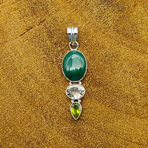 925 Sterling Silver Bohemian Designer <b>Pendant</b> Necklace Artisan Crafted with Bezel Setting Malachite <b>Peridot</b> Gemstones Charm - Product Image 1