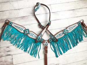 Arctic Design Teal Fringe Tack set Headstall Collier de poitrine en cuir véritable léger perlé saisonnier Horse Ridding Equipements - Product Image 3