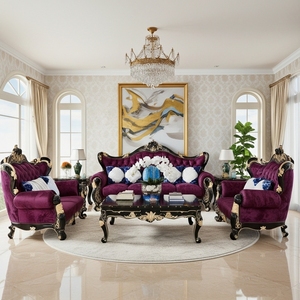 Set di <span class=keywords><strong>Divani</strong></span> <span class=keywords><strong>in</strong></span> Velluto Viola di Lusso con Legno Intagliato, Stile Classico Europeo, Arredamento per Soggiorno, Design Regale con Divano <span class=keywords><strong>e</strong></span> <span class=keywords><strong>Poltrone</strong></span> - Product Image 1