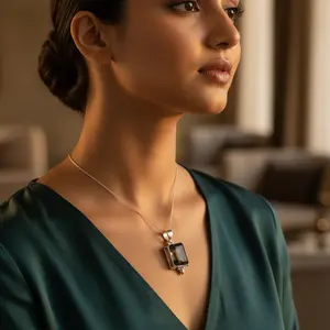 Pendentif en argent 925 avec quartz fumé pour femmes, plaqué or rose et rhodium, pierre précieuse de forme émeraude, bijoux, pendentifs à motif numérique - Product Image 1