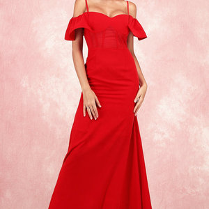 Elegante Vestido de Noche Rojo de Satén, Vestido de Fiesta Maxi Romántico con Cola de Capilla, Talla XS, Vestido Largo Decorado con Flores - Product Image 1