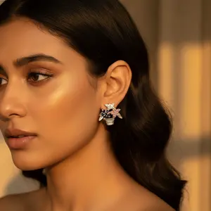 Trendy Vintage Silver Flower Basket <b>Stud</b> <b>Earrings</b> for Women Multicolor Gemstone Religious Animal Pattern <b>Opal</b> Pearl for Parties - Product Image 3