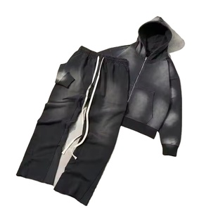 Ensemble deux pièces personnalisé délavé à l'acide, survêtement vintage délavé, sweat à capuche zippé, pantalon de jogging droit évasé, fitness adulte - Product Image 1