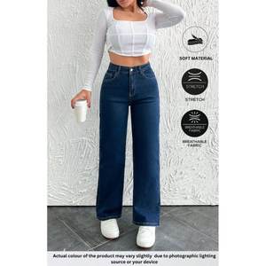 กางเกงยีนส์เดนิมสีน้ำเงินเคลือบหินแบบรักษ์โลกสำหรับผู้หญิงสุดหรู เอวสูง ขากว้าง ทรงหลวม นุ่ม ยืดหยุ่น ทนทาน แฟชั่นสตรีทแวร์ - Product Image 2