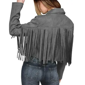 Women Loose Faux <b>Suede</b> Leather <b>Jacket</b> Cowboy Style Coat Long Sleeve Tassels Cardigan Coat Women Fringe <b>Jacket</b> Solid Color Fringe - Product Image 2