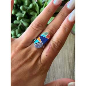 Navajo Handmade Multi Stone Inlay <b>Ring</b> Sterling Silver Size 7.25 Fine Jewelry with Opal & <b>Jade</b> - Product Image 2