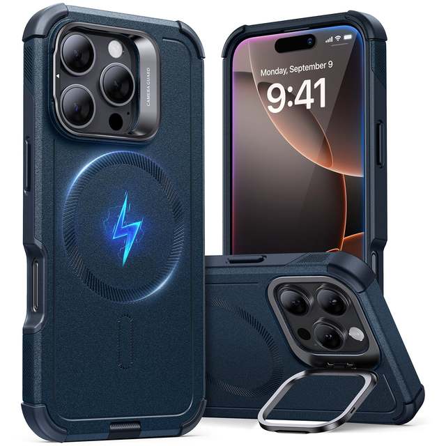 For Apple for iPhone 16 Pro Cyber Tough Case with Stand for Magsafe Compatible Embossed Silicon TPU Cover Featuring Card Slot