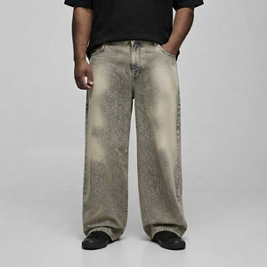Jean pour homme délavé uni, coupe ample, style streetwear hip-hop, respirant, avec logo brodé et effet usé, personnalisable, grandes tailles, très demandé - Product Image 1