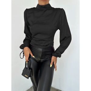 Blusa Corta Negra de Satén para Mujer Mybeefashion, con Mezcla de Algodón, Elegante Top de Manga Larga para Uso Casual y Diario - Product Image 1