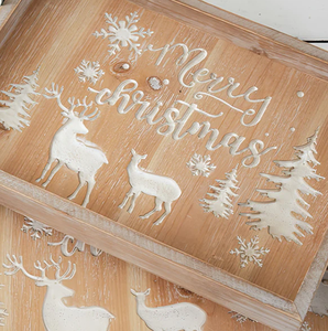 Bandeja de servir de Navidad de madera rústica con asas de metal y diseño tallado de feliz Navidad para decoración navideña o exhibición de regalos - Product Image 2