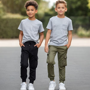 Pantalons cargo pour enfants, pantalons utilitaires élégants avec matière respirante, poignets côtelés, taille élastique, idéal pour les garçons, tenues scolaires et décontractées - Product Image 4