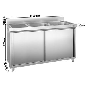 Meuble d'évier commercial PREMIUM - Acier inoxydable - 1400x700mm - avec 2 bacs à droite - Product Image 2