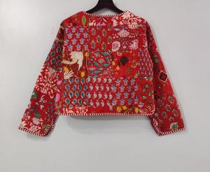 เสื้อคลุมกิโมโนสไตล์โบโฮสำหรับผู้หญิง ผ้าฝ้ายเย็บต่อแบบควิลท์ แขนสั้น สำหรับฤดูหนาว เปิดด้านหน้า แต่งขอบลายทาง ทำมือ ขอบดิบ - Product Image 5