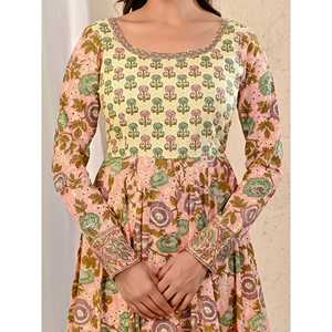 Vestido Anarkali de Algodón Estampado Peach Jaal, Elegante, con Cuello Cuadrado, Estilo Imperio, 100% Algodón, para Bodas y Fiestas, Talla 5XL, Largo hasta el Suelo/Hasta la Rodilla - Product Image 2