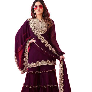 Totalmente Stitch listo para usar estilo islámico Dubai fiesta especial cuello redondo puro Georgette tela Kurti & Plazzo con Dupatta Set - Product Image 1