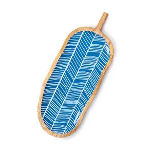 Plateau de service en bois fait main feuille bleue plateau de nourriture décoratif pour la décoration intérieure ustensiles de cuisine apéritif assiette vaisselle - Product Image 1