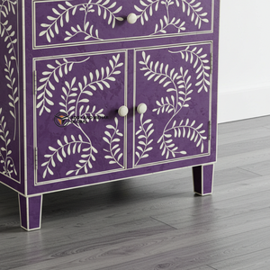 Mesita de Noche con Incrustaciones de Hueso Morado, Mesa Auxiliar Hecha a Mano con Diseño Floral, con Cajón y Puerta - Product Image 3