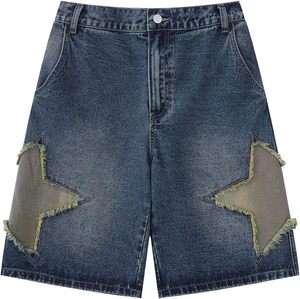 2025 Unisex Mid Rise Casual Jeans Jorts Star Patchwork Denim Shorts Transpirable Loose Summer Streetwear Light Wash Straight Weave - Product Image 1