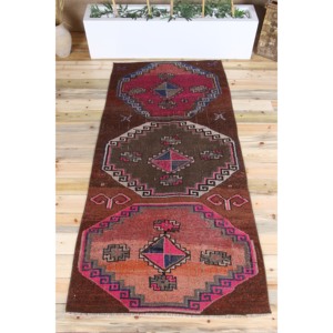 3.7x7.7 ft Vintage Turkish Rug, Area Rug, <b>Brown</b> Pink Geometric <b>Wool</b> Rug - Product Image 1