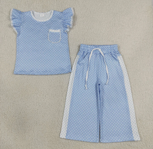 Conjuntos de ropa para bebés y niñas, top con bolsillos y pantalones acampanados con lunares azules - Product Image 4