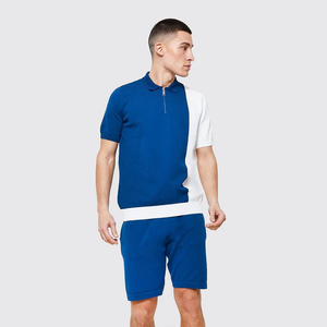 Conjuntos de verano para hombre, Polo con cremallera y pantalones cortos, Color azul y blanco, Manga corta Lisa teñida - Product Image 1