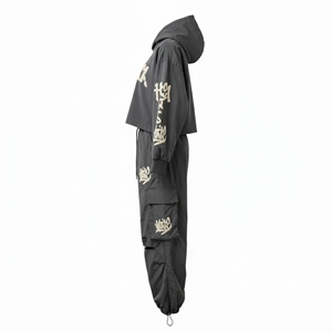 Conjunto de Chándal Personalizado al por Mayor para Mujer: Cortavientos Cargo Estampado Sólido, Sudadera con Capucha Larga Desgastada y Pantalones Holgados Estilo Urbano - Product Image 4