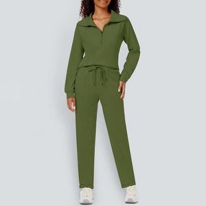 100% coton femmes Jogging costume ensembles support col rabattu sweat respirant Gym vêtements de détente solide vert pour l'hiver - Product Image 1