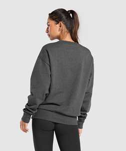Women's Oversized Crewneck <b>Sweatshirt</b> 100% Cotton 350GSM Heavyweight Pullover Long Sleeve Solid Charcoal <b>Grey</b> Streetwear Top - Product Image 2