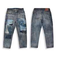 Celana Jeans Denim Selvedge Jepang Desain Terbaru Berkualitas Tinggi Vintage Heavy Wash Distressed Patches untuk Pria