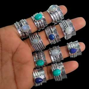 Wholesale Vintage Women's Fashion <b>Silver</b> Plated <b>Spinner</b> <b>Rings</b> Natural Gemstone Anxiety Brass Diamond <b>Ring</b> Bezel Setting Inlay - Product Image 1