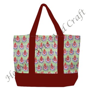 Sac fourre-tout en toile imprimé à la main avec poignée bordeaux, design floral multi-main, durable, deux bretelles, vente en gros BHCB046 - Product Image 1