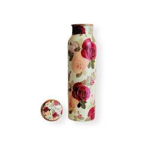 Couvercle de bouteille d'eau en cuivre imprimé floral fait à la main avec paille 1000ml sans joint anti-fuite écologique durable bien-être - Product Image 1