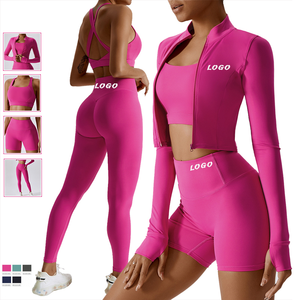 Conjunto de traje de Yoga de 4 piezas ActiveWear con logotipo personalizado para mujer, mallas sólidas para levantar glúteos, chaqueta con cremallera completa para gimnasio y Fitness - Product Image 1