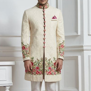 NEW--LATEST & ELEGANT RESHAM EMBROIDERY on SILK SHERWANI & ALSO MATCHING SHOE WITH DRESS for PARTY-WEAR/WEDDING @ 2023 - Product Image 1