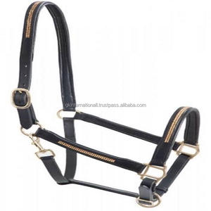 Licou en cuir rembourré noir doux et confortable avec chaîne bling de créateur incrustée licou de course pour cheval en pleine taille d'épi - Product Image 6