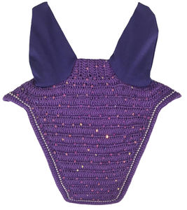 Voile anti-mouches pour cheval en crochet violet avec détails en sequins, protège-oreilles assortis, bonnet équestre fait main, rembourré et de haute qualité pour - Product Image 1