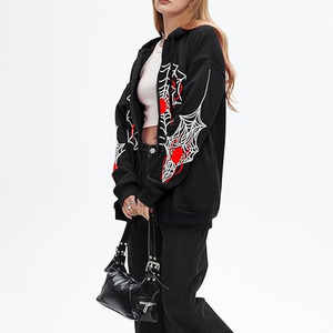 Sweat-shirt à capuche zippé noir pour femme avec imprimé toile d'araignée, collection 2025/2026, idéal pour le quotidien - Product Image 2