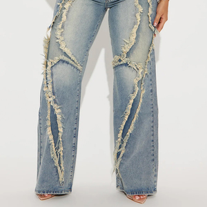 กางเกงยีนส์ลำลองทรงตรงสำหรับผู้หญิง ดีไซน์ขอบรุ่ยแบบสั่งทำพิเศษ / ราคาโรงงานปี 2025 กางเกงยีนส์และกางเกงขายาวทรงตรงสำหรับผู้หญิง - Product Image 6