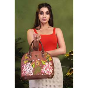 Sac fourre-tout de luxe en cuir végétalien brodé de fleurs avec deux poignées et fermeture éclair pour femme - Marron - Product Image 5