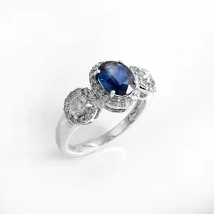 Anillo de joyería de nuevo diseño oro 14K mujeres blanco genuino Azul zafiro piedra hecha a mano banda de boda para compromiso