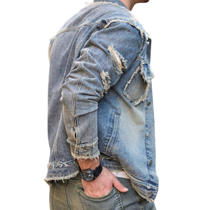 Chaqueta de Mezclilla para Hombre, 100% Algodón, Estilo Vintage, Desgastada, con Bordes Deshilachados, Botones al Frente, Manga Larga, Casual, para Primavera y Otoño - Product Image 3