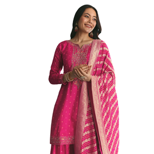 Rani Pink Russian <b>Silk</b> <b>Kurta</b> Palazzo With Banarasi Dupatta Wholesale Women Ethnic Apparel OEM Factory Supplier Custom Outfit - Product Image 3