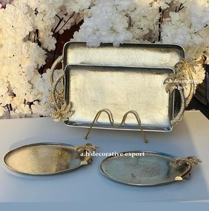 Luxury Leaf Design Silver & Gold Metal Serving Tray <b>Set</b> with Decorative 2-Tier Cupcake <b>Stand</b> for Home Decor - Product Image 4